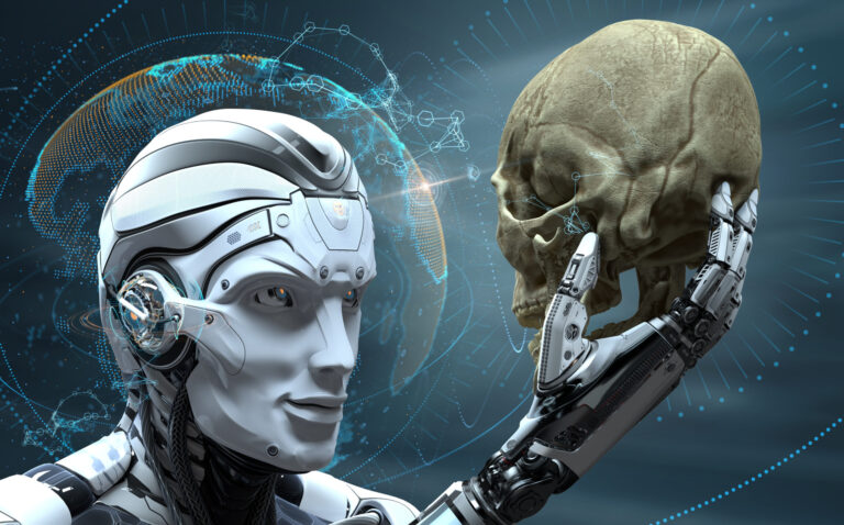 robot with artificial intelligence observing human skull in evolved cybernetic organism world 3d rendered image stockpack adobe stock scaled 1